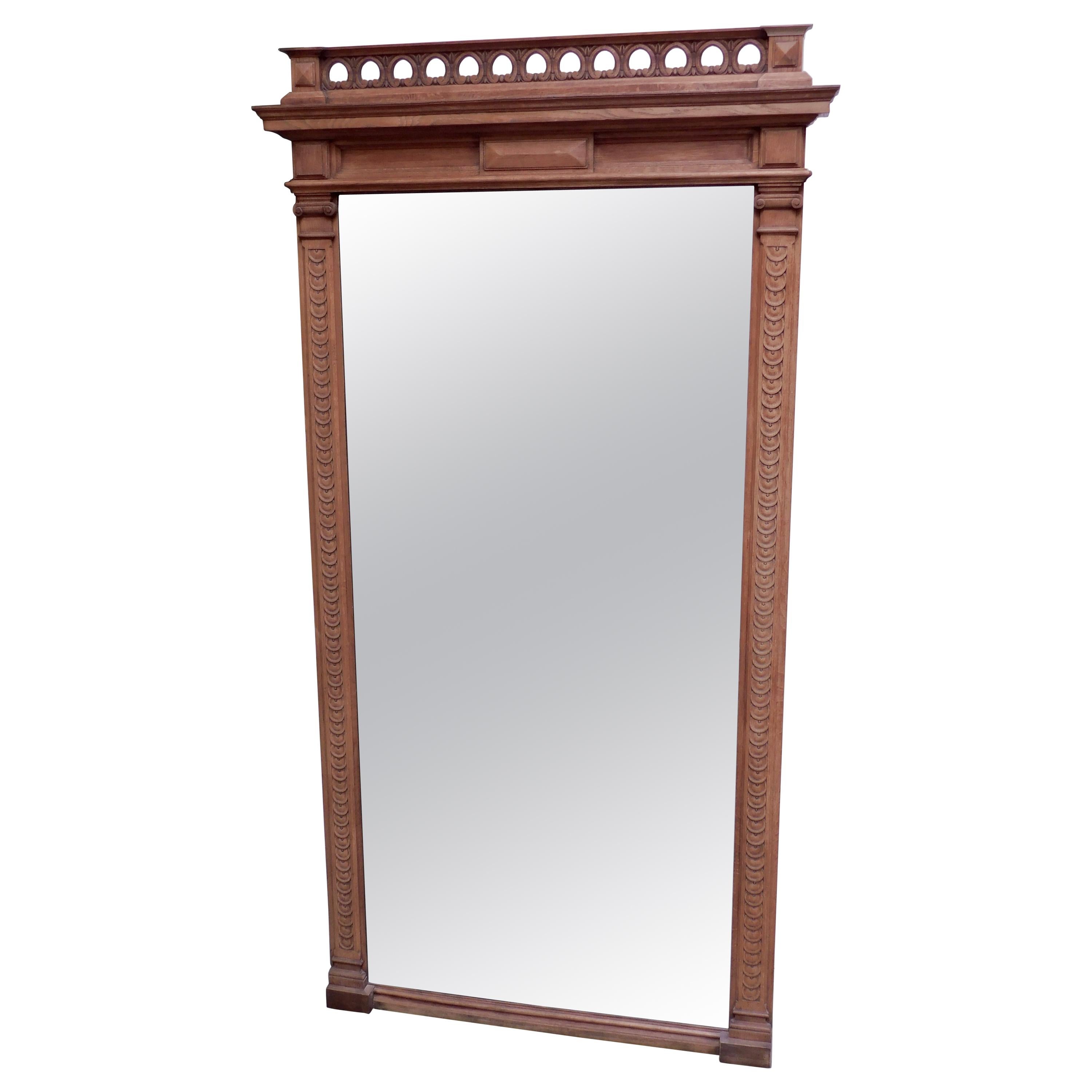 Large 19th Century Carved Oak Standing Mirror with Columns For Sale at