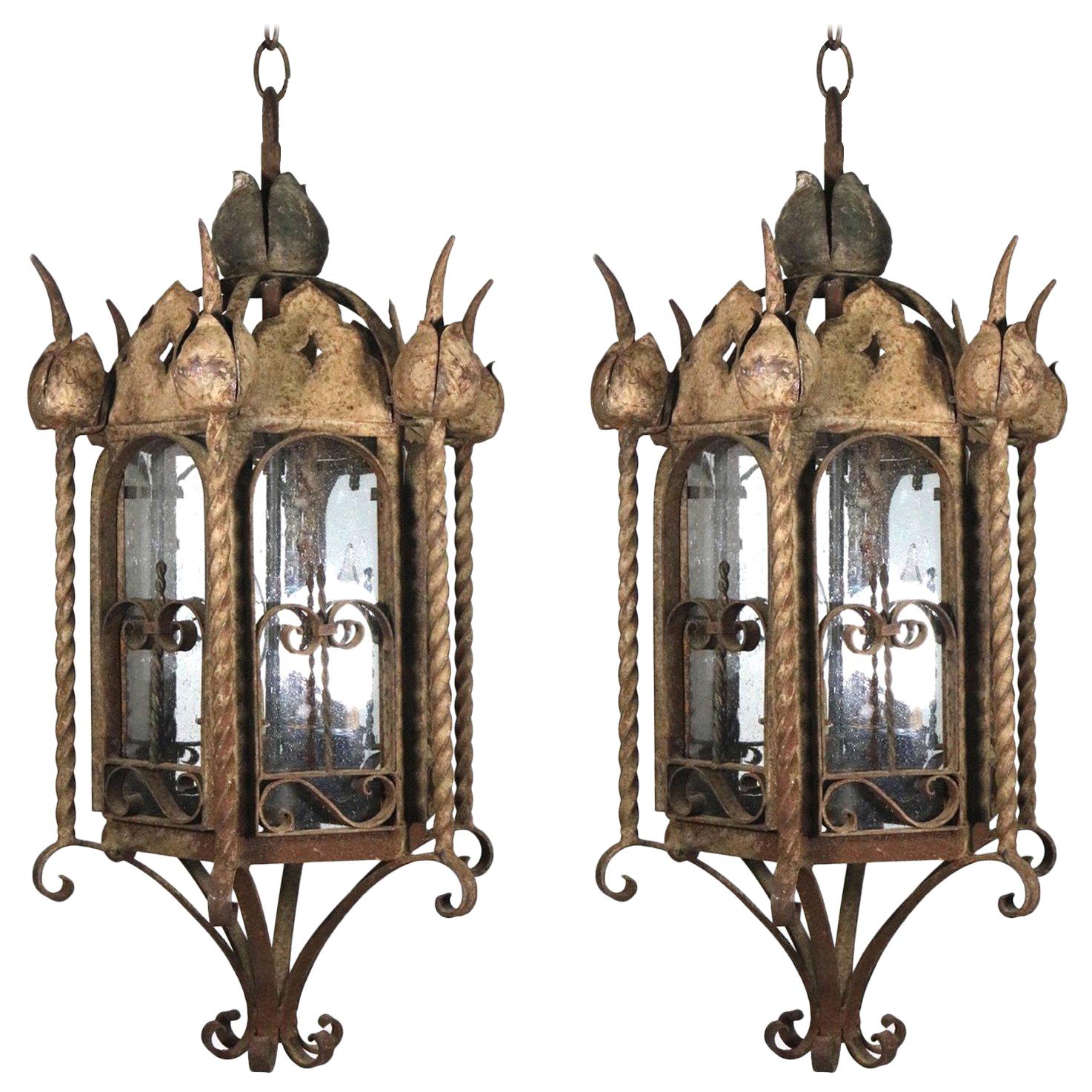 Palm Beach Mizner Pair Seed Glass Iron Lanterns-Rusticated Finish, 1900s For Sale