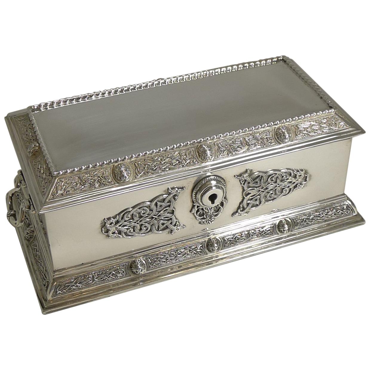Large English Sterling Silver Jewelry Box by Elkington & Co., Celtic Design