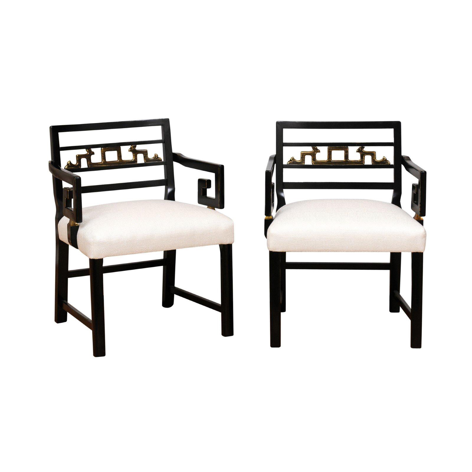 Exquisite Pair of Modern Chinoiserie Greek Key Armchairs by Baker, circa 1960 For Sale