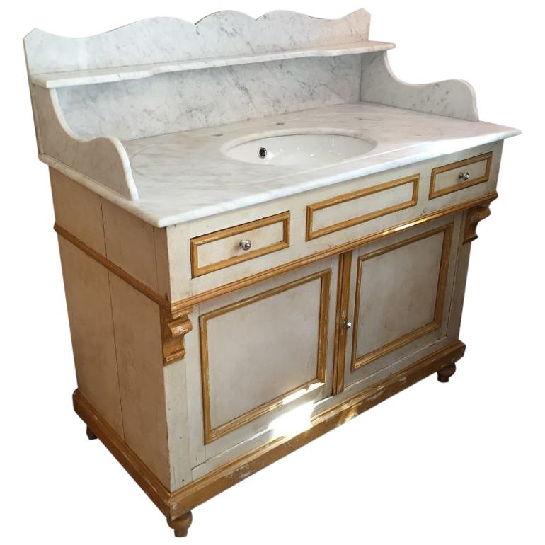 19th Century Italian Painted Wood Cupboard Sink with Carrara Marble Top, 1890s