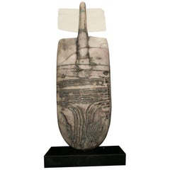 Raku Figure, Unique Handmade Ceramic Obelisk Sculpture with Porcelain Wings