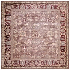 Brown, Red and Beige Handmade Wool Distressed Turkish Square Oushak Rug