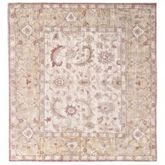 Ivory, Beige and Red Handmade Wool Distressed Turkish Oushak Rug