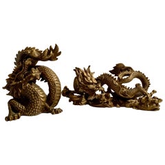 Pair of Brass Dragons Chasing Ball