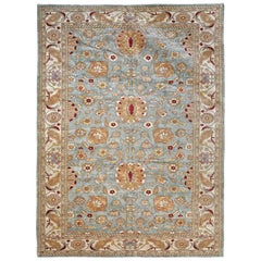 Ivory, Green and Gold Handmade Wool Distressed Big Size Turkish Oushak Rug