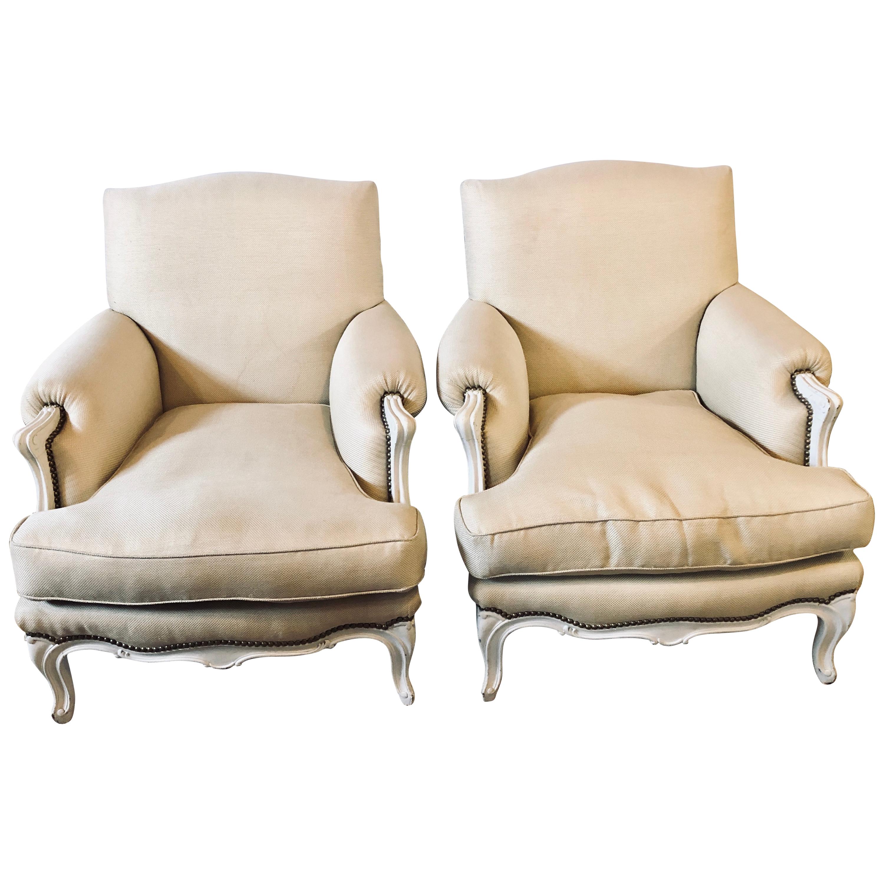 Pair of Hollywood Regency Louis XV Style Linen Bergere / Arm or Club Chairs