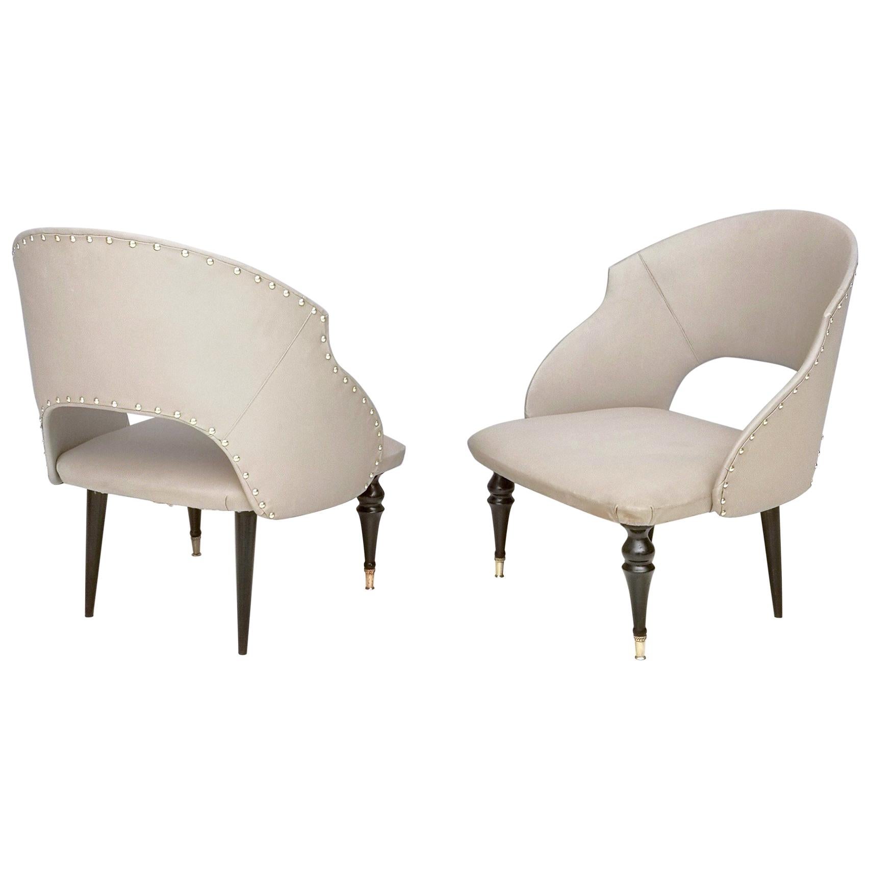 Pair of Mid-Century Ebonized Wood and Gray Skai Lounge Chairs, Italy