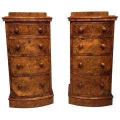 Fine Pair of Burr Walnut Victorian Period Bow Front Bedside Chests