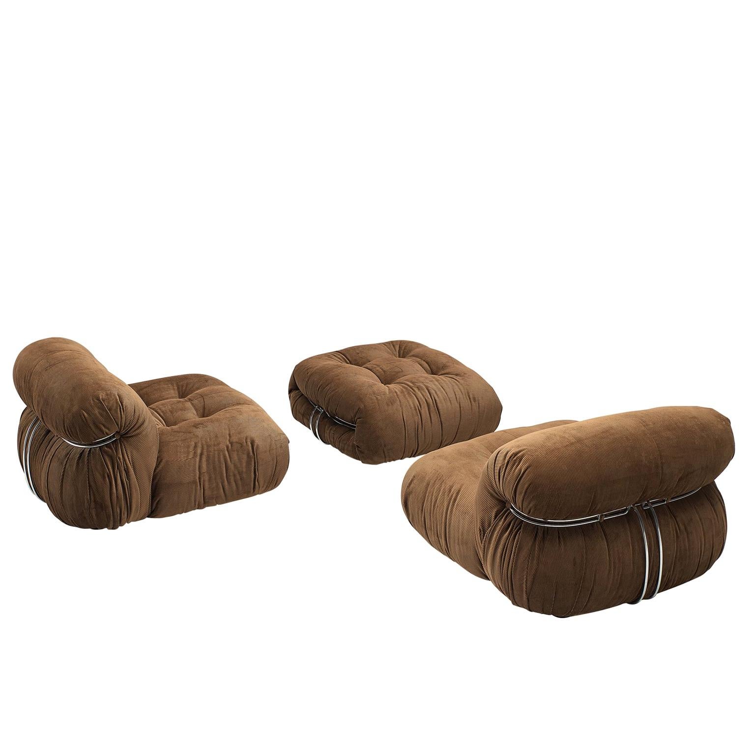 Scarpa Set of 'Soriana' Lounge Chairs with Ottoman in Brown Fabric