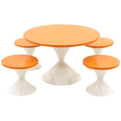 Kids Outdoor Patio Table and Four Stools White and Orange Fiberglass
