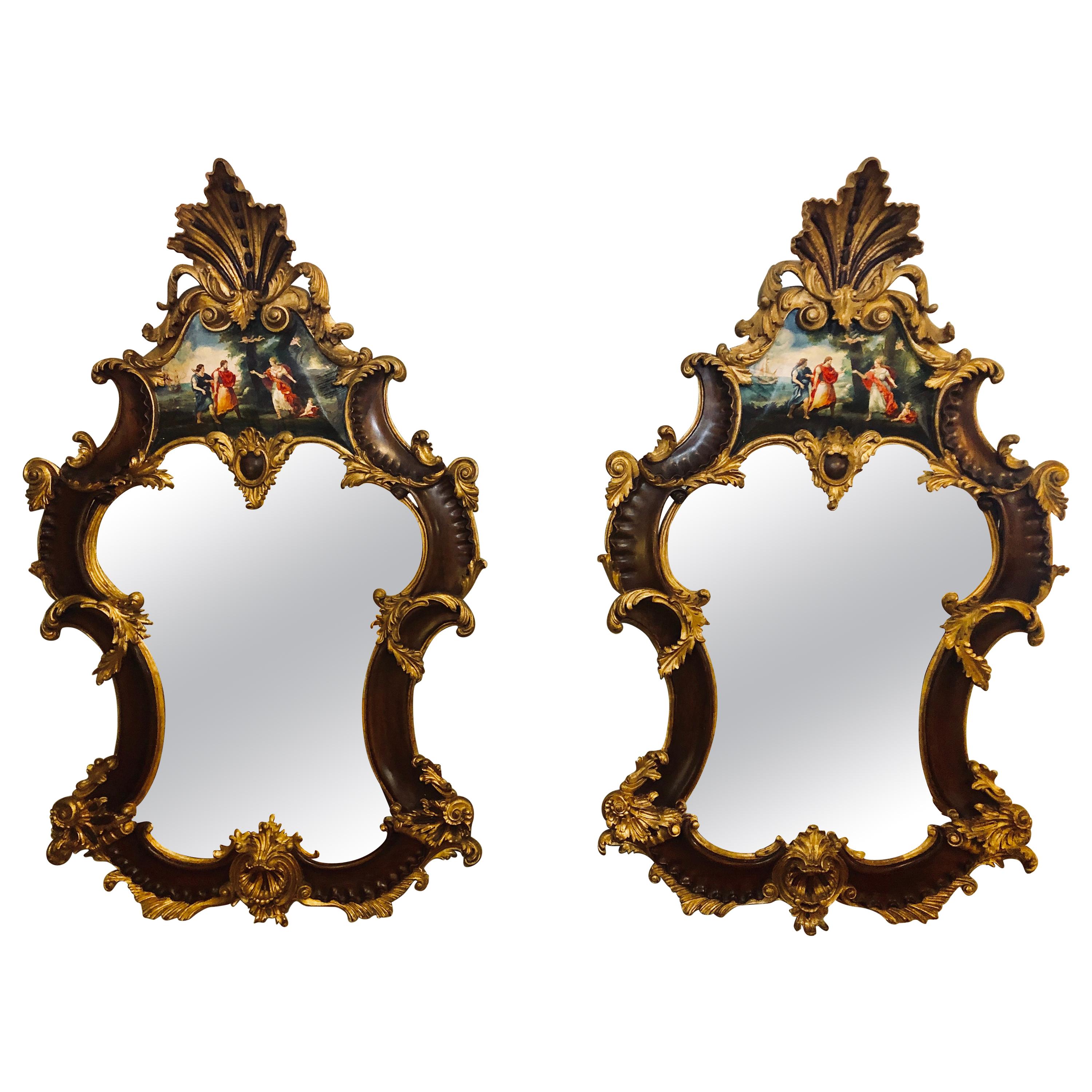 Pair of Rococo Mahogany Gilt Decorated Carved Wall / Pier or Console Mirrors