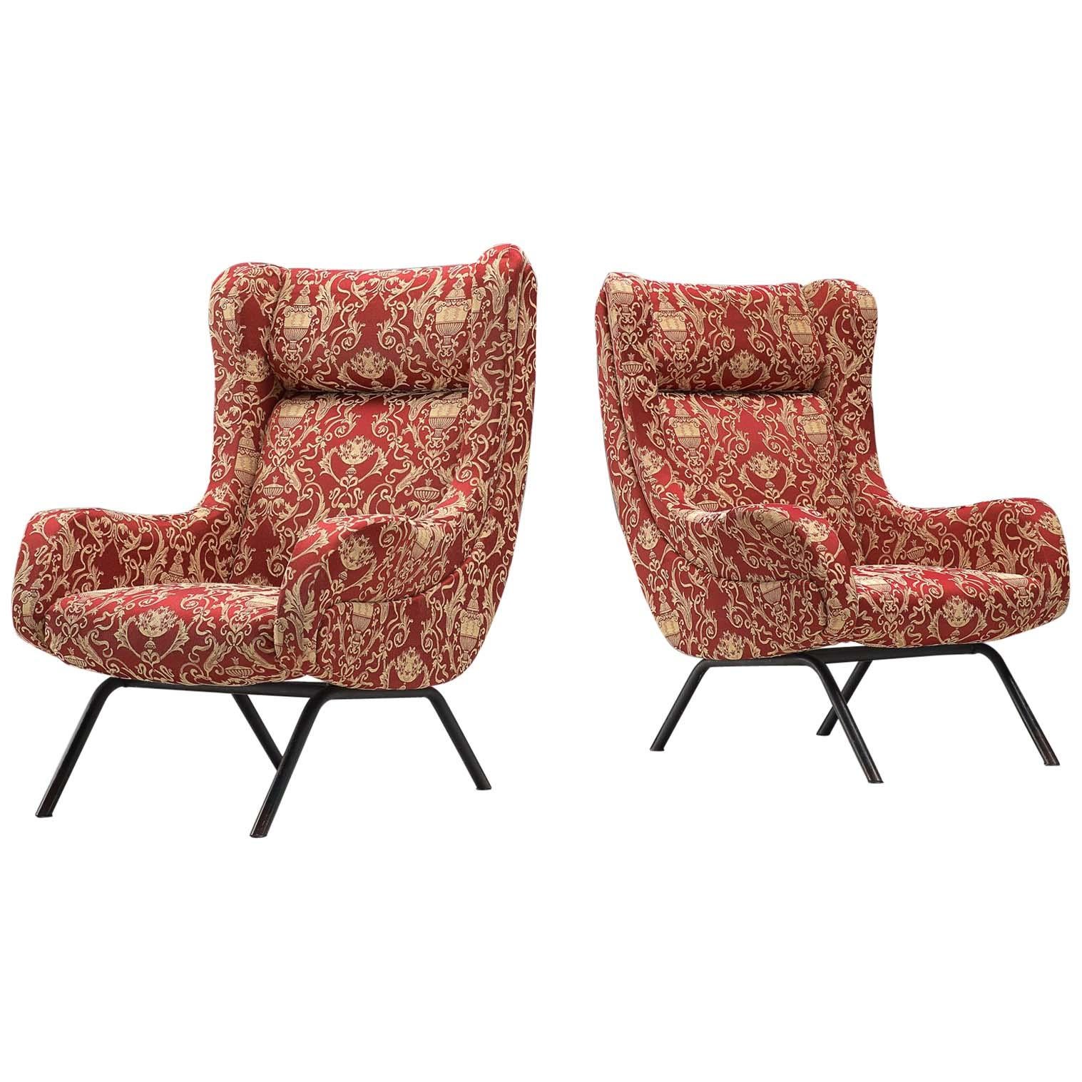 Two Italian Lounge Chairs in Baroque Patterned Fabric