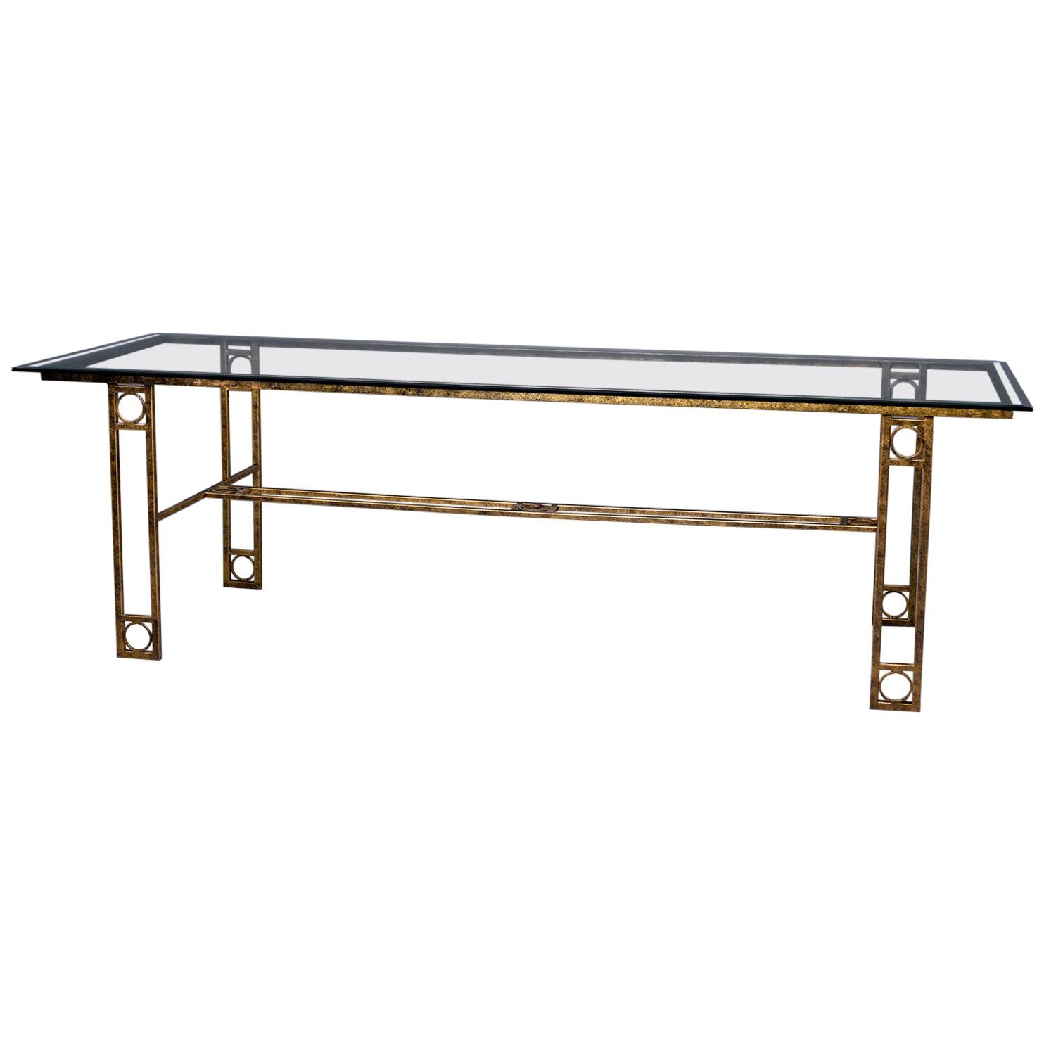 Midcentury Dining Table with Iron Base and Glass Top