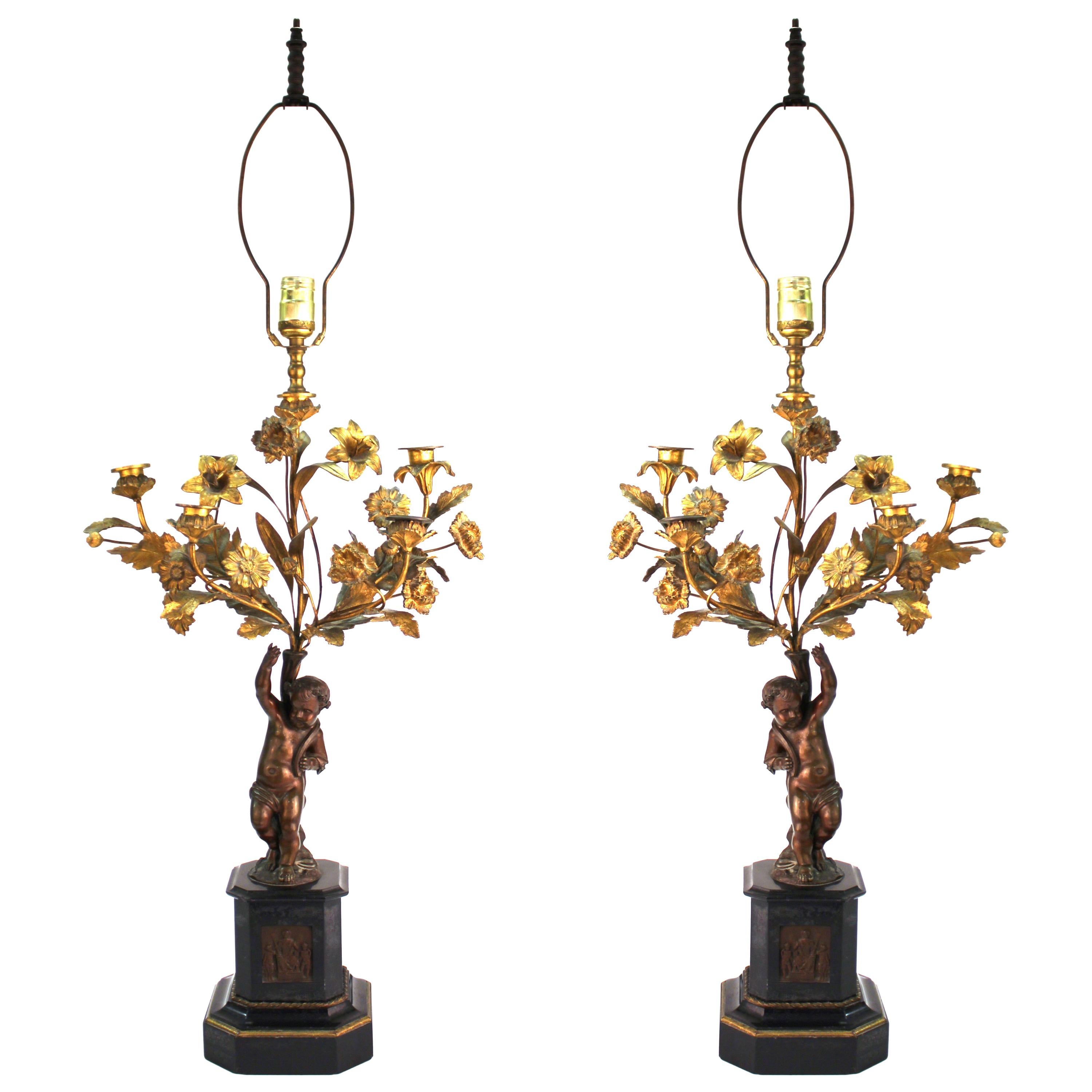French Neoclassical Revival Bronze Table Lamps with Putti