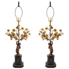 French Neoclassical Revival Bronze Table Lamps with Putti