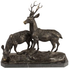 Deers 'Stag and Hind' Bronze, Marble, 20th Century