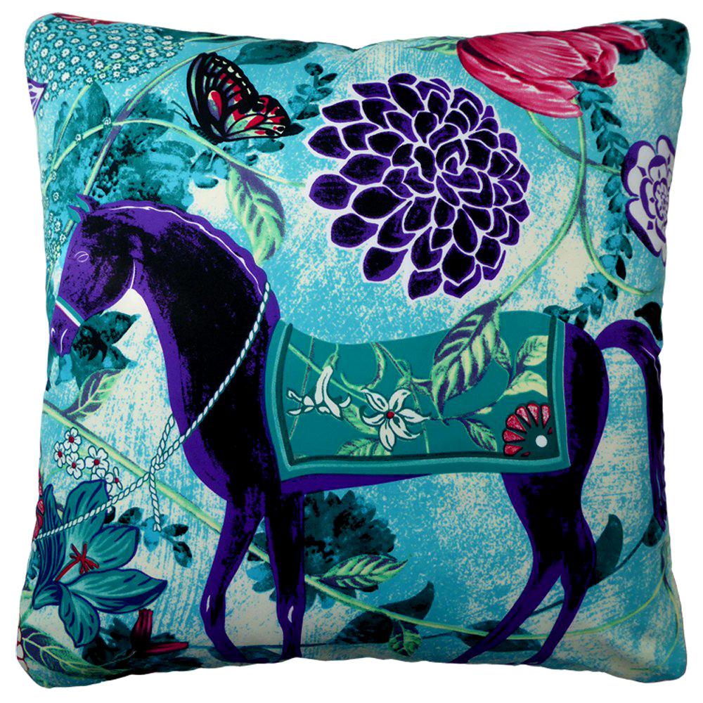 'Vintage Cushions' Luxury Bespoke-made silk pillow 'Equus Blue', Made in London