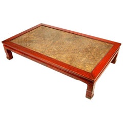 Chinese Red Lacquer Coffee Table with Woven Rice Top
