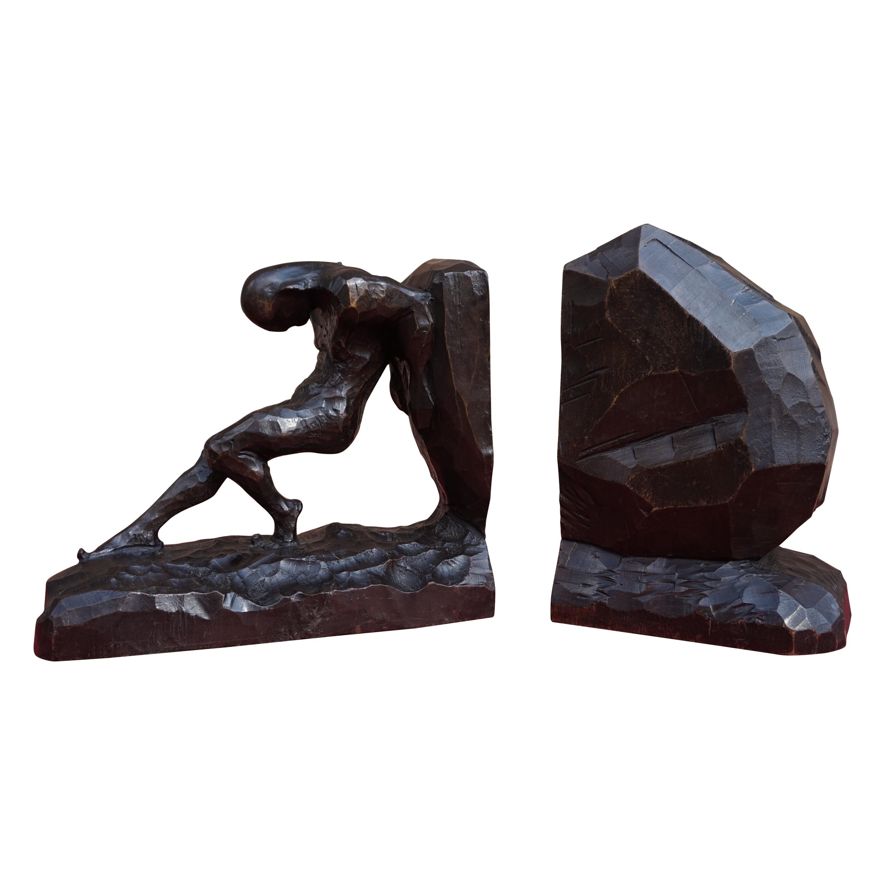 Striking and Hand Carved Art Deco Athletic Nude Male and Rock Sculpture Bookends