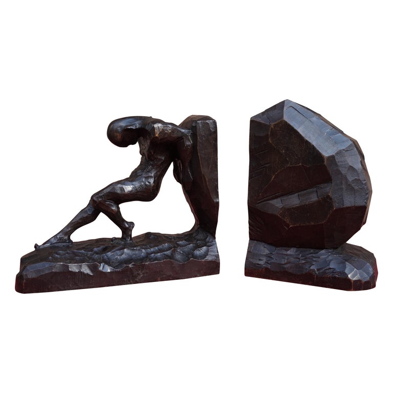 Striking and Hand Carved Art Deco Athletic Nude Male and Rock Sculpture Bookends For Sale