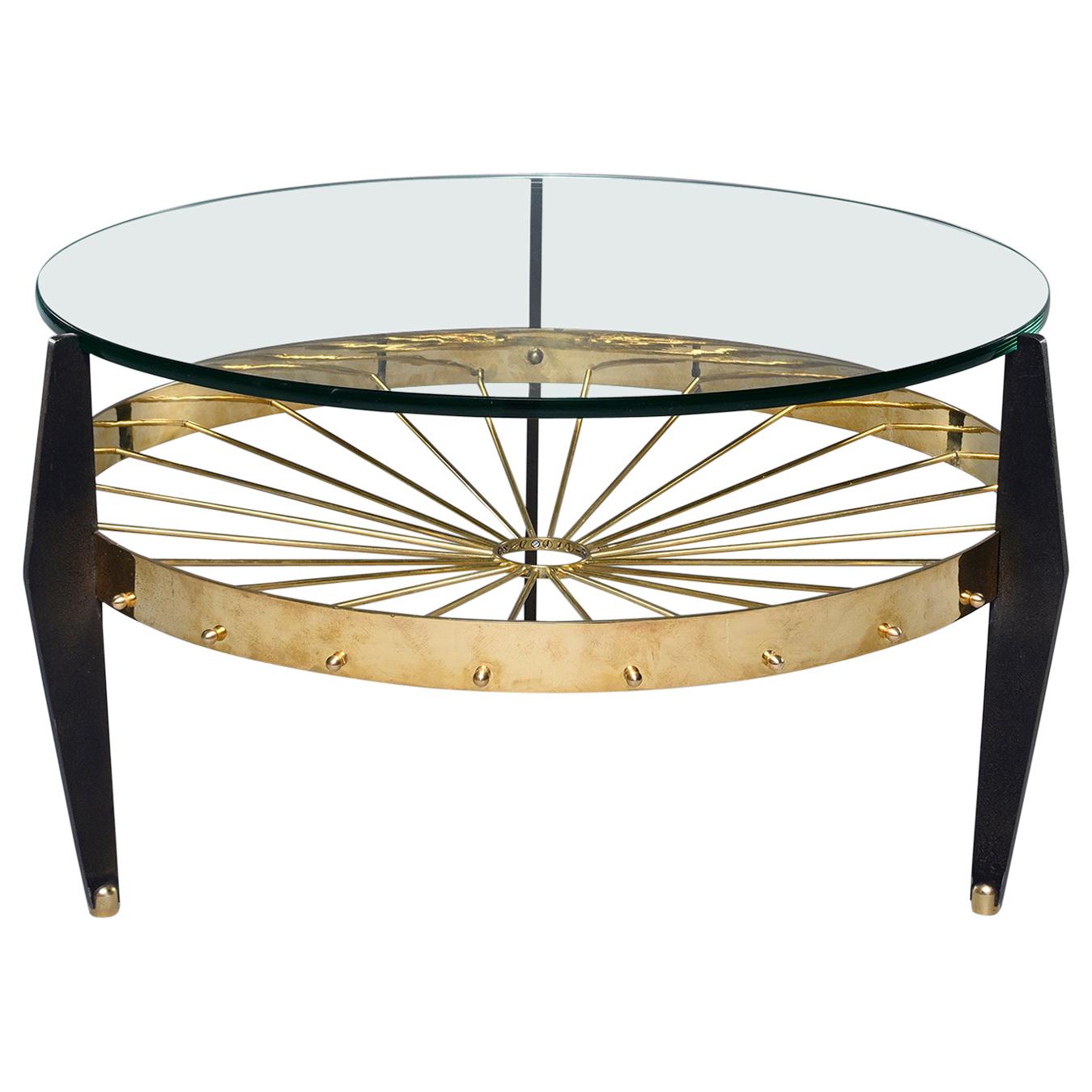 Italian Two-Tier Table with Brass Spokes Wood Legs and Glass Top