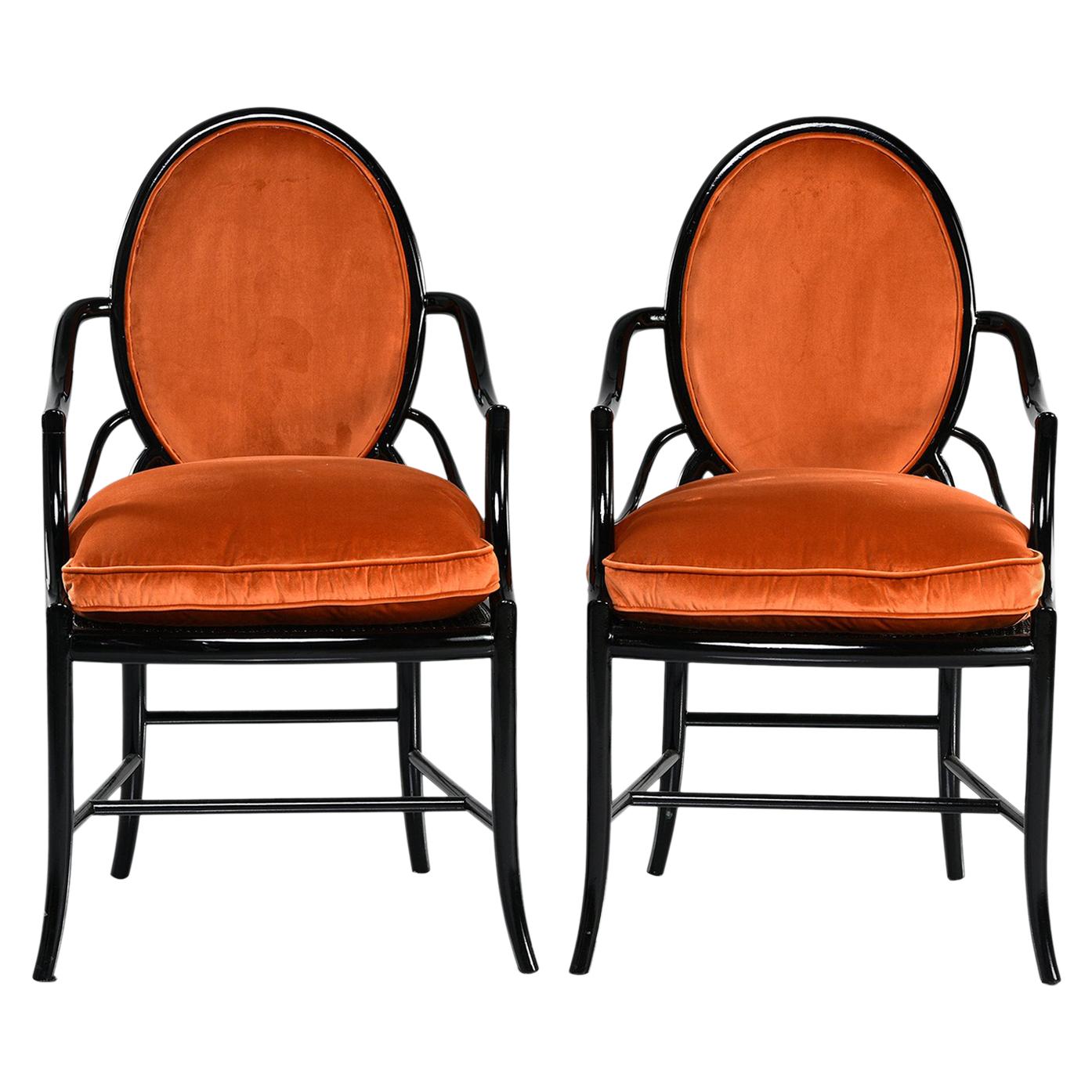 Pair of Midcentury Ebonised Bentwood Armchairs with New Orange Velvet Upholstery