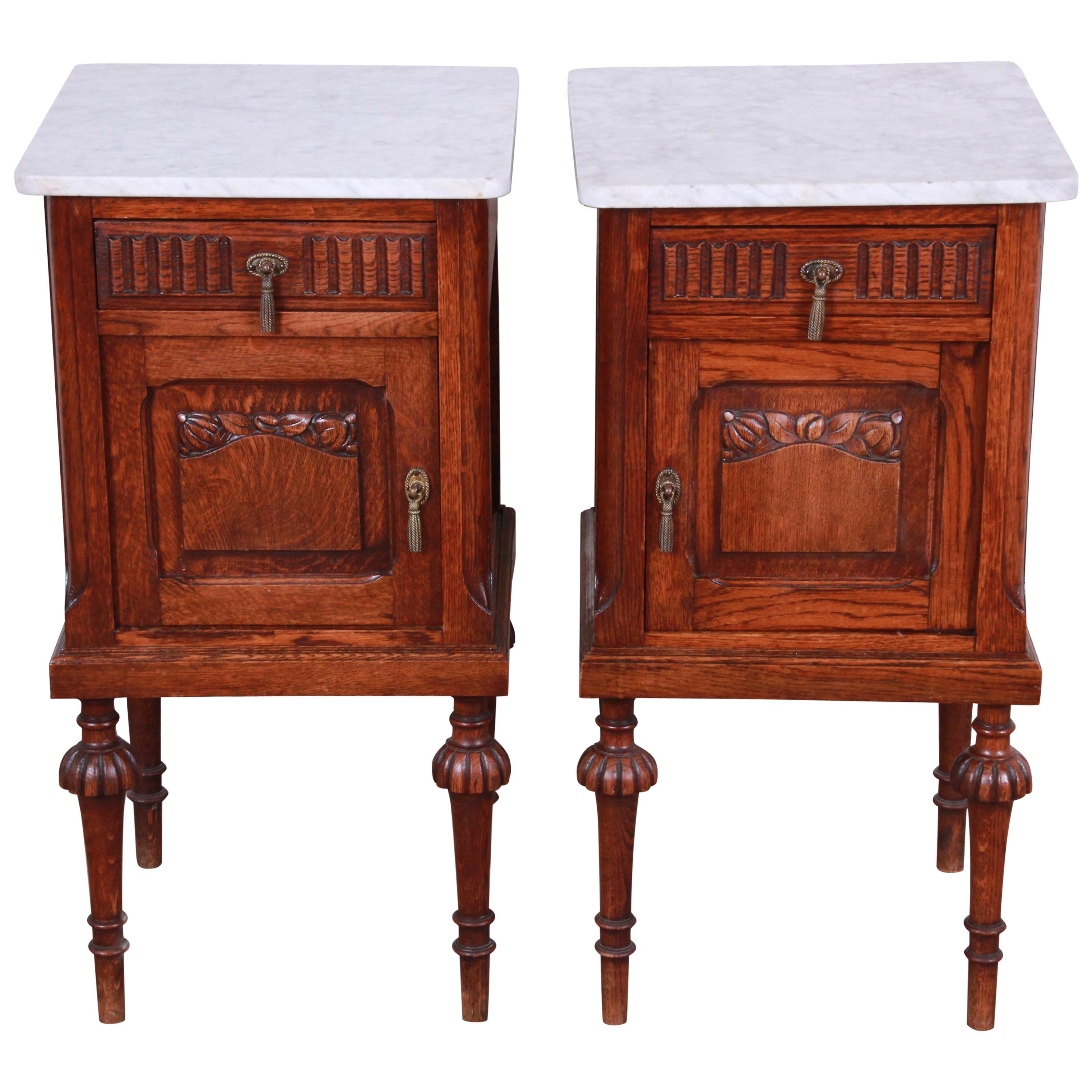 19th Century Victorian Carved Oak Marble Top Nightstands, Pair