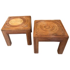 Vieille Paire de Bancs en Bambou et Rotin en Roseau de Crayon Tabourets ou Tables Basses