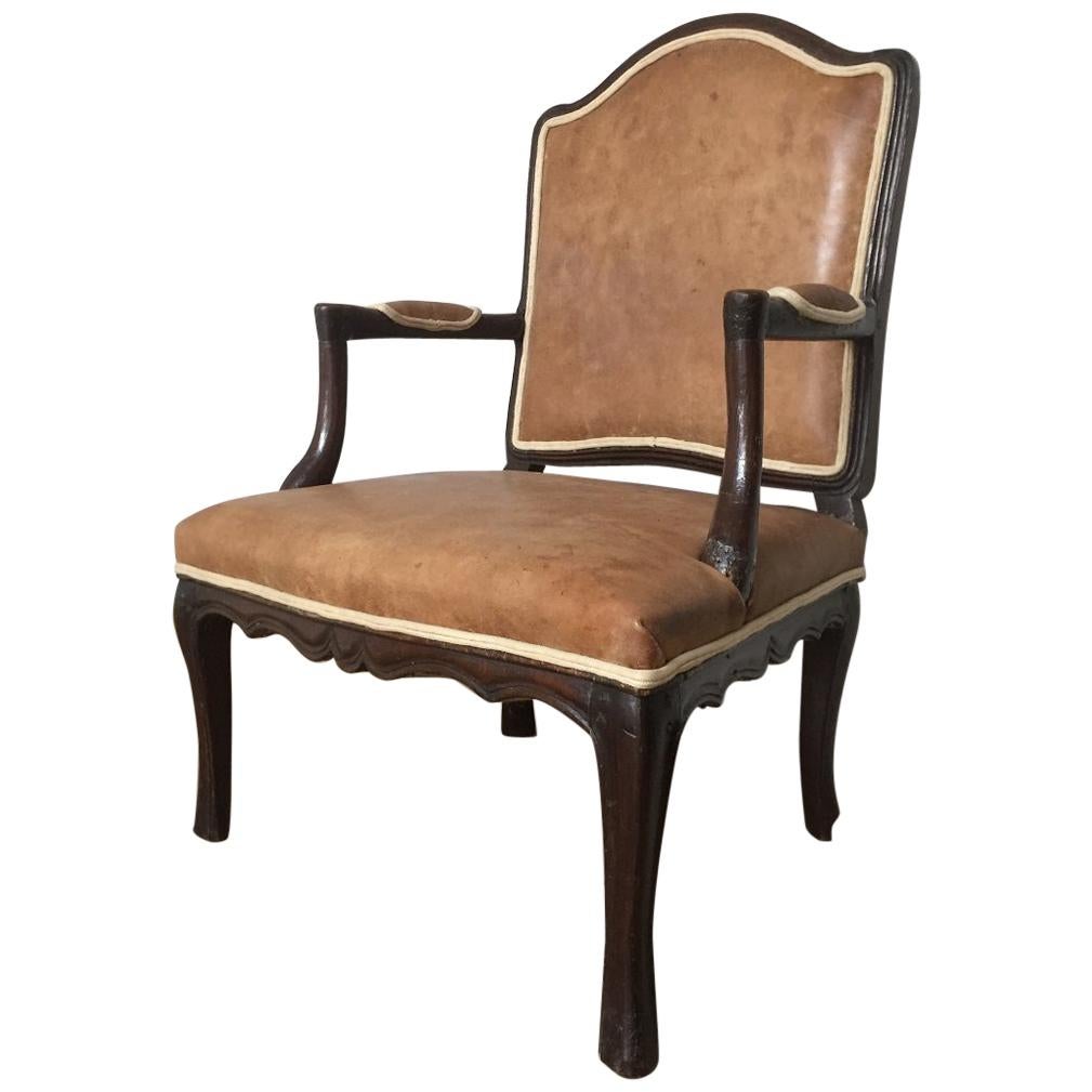 18th Century French Armchair Leather and Walnut For Sale