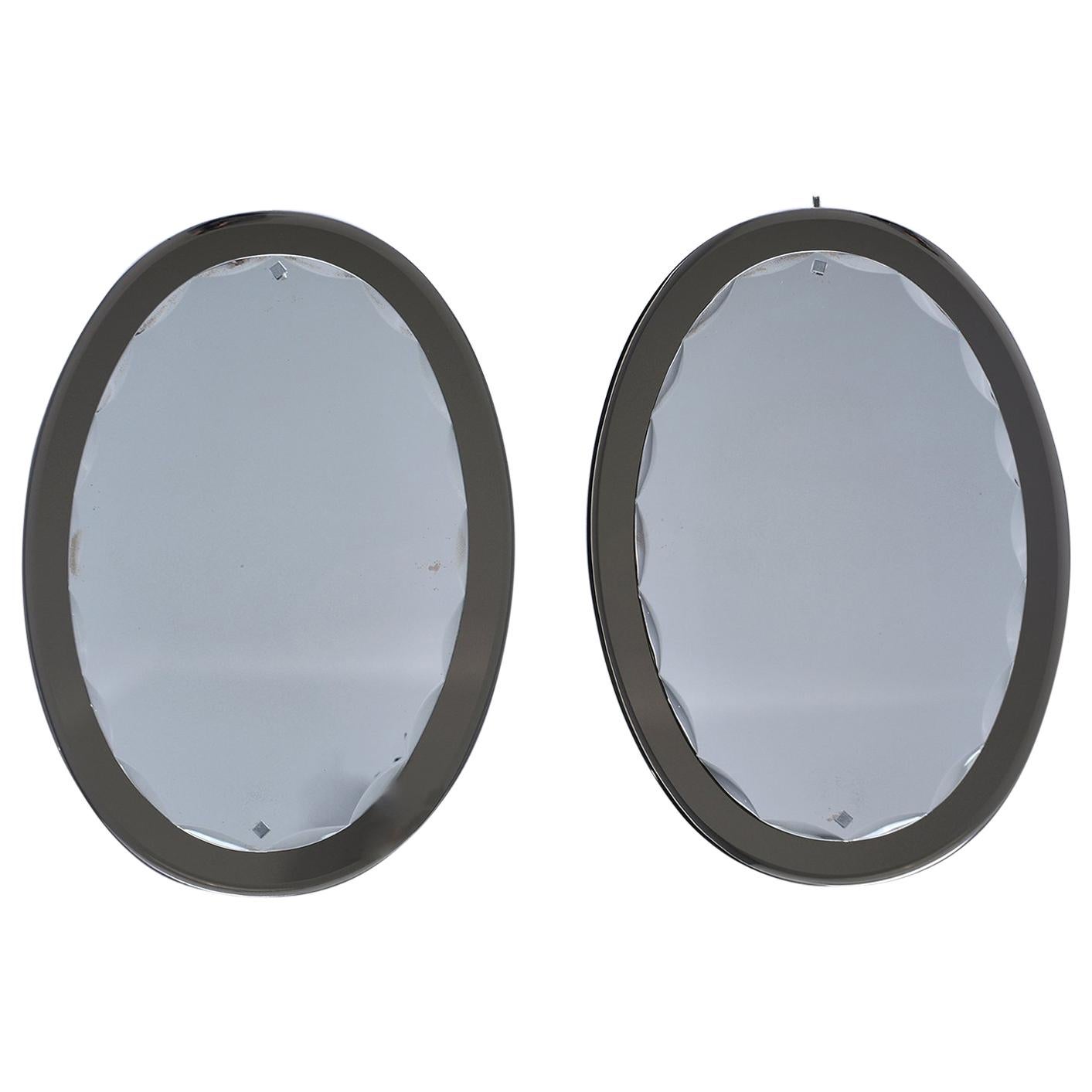 Pair Fontana Arte Oval Mirrors with Taupe Base and Scalloped Beveled Frame
