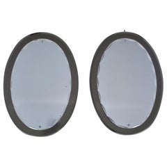 Vintage Pair Fontana Arte Oval Mirrors with Taupe Base and Scalloped Beveled Frame