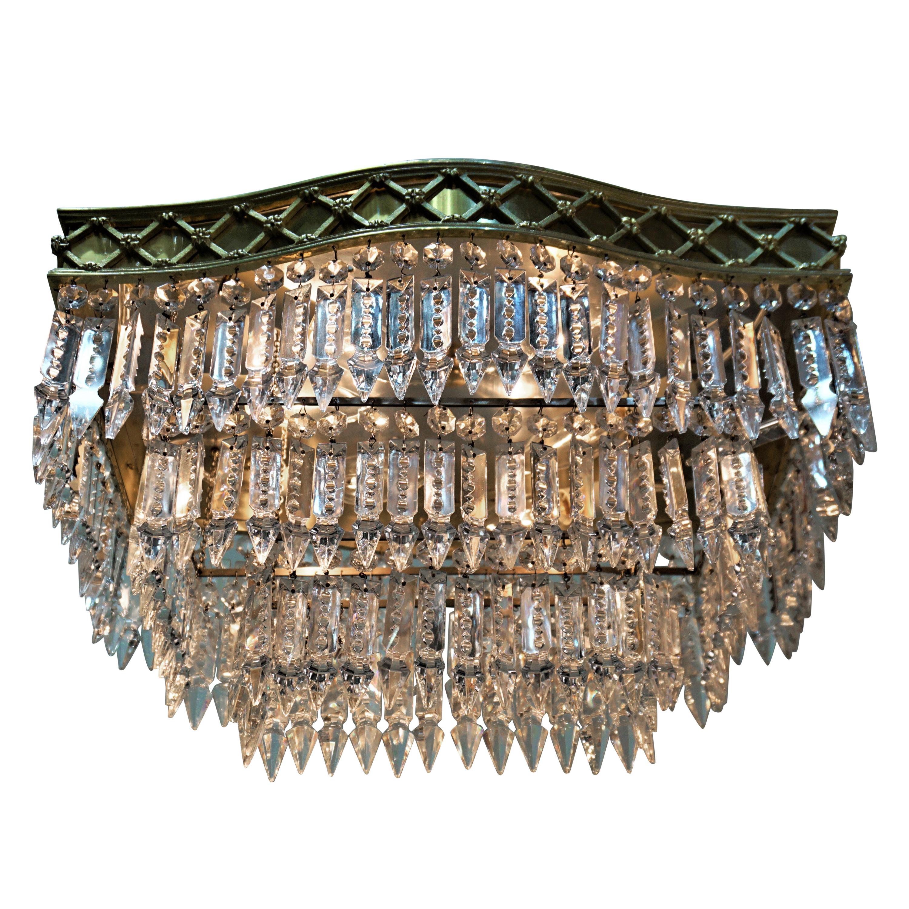 Elegant Pair of Flush Mount Crystal and Bronze Chandeliers