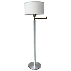 Mid Century Walter Von Nessen Style Aluminum and Brass Swing Arm Floor Lamp