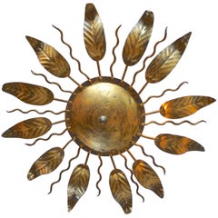 French 1940s Gilded Metal Sunburst Ceiling Light with Two Inner Lights