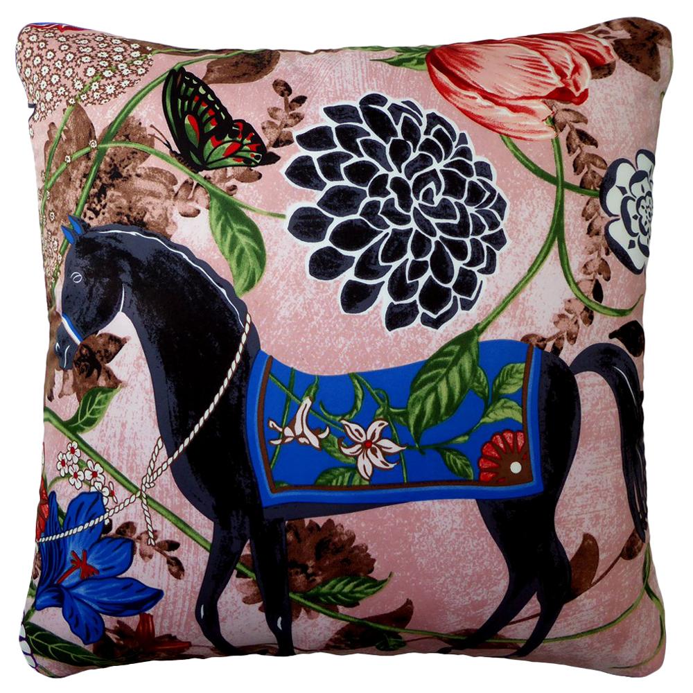 'Vintage Cushions' Luxury Bespoke-Made Silk Pillow 'Equus Rosado' Made in London