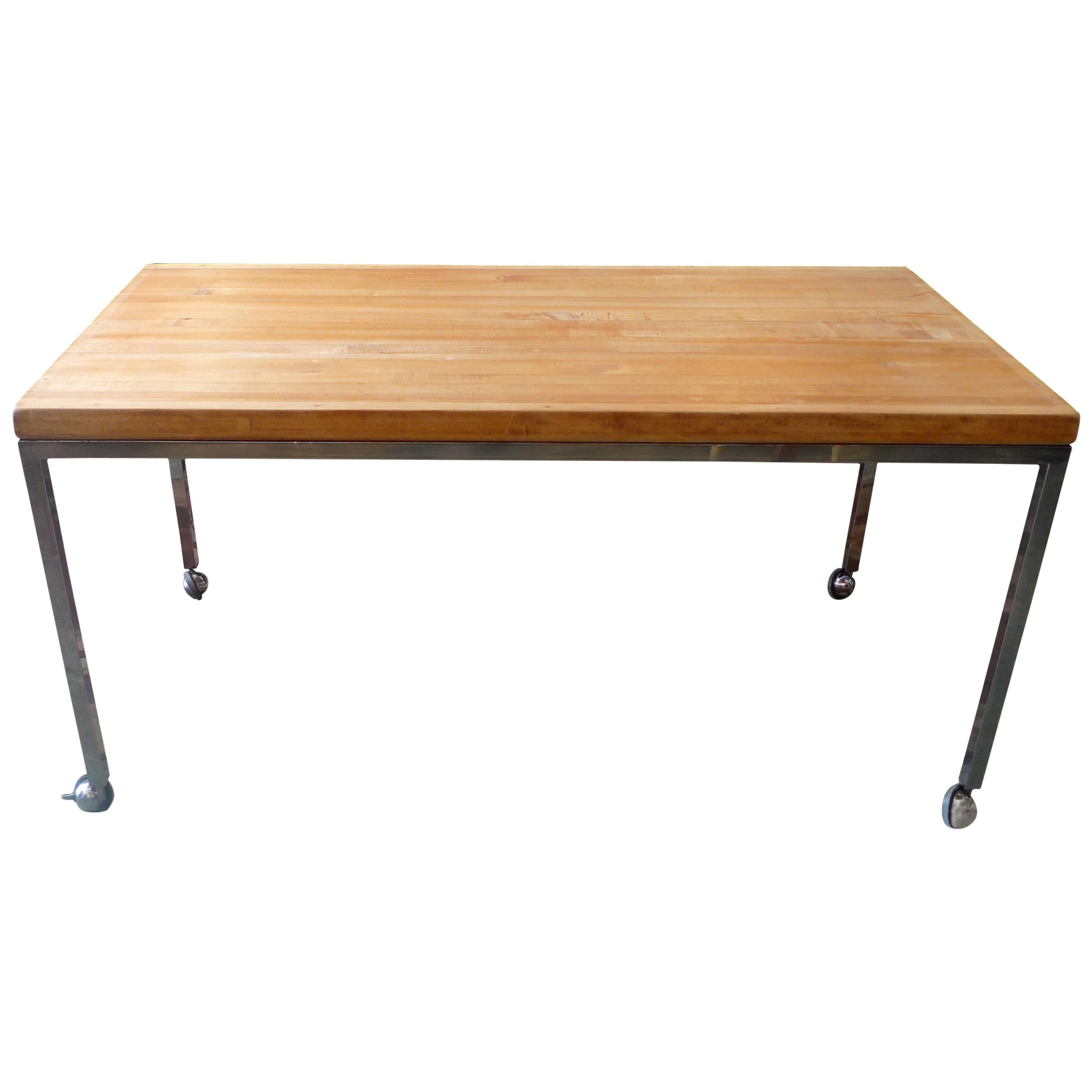 American 1970s Butcher's Block Kitchen Table on Polished Chrome Legs and Wheels