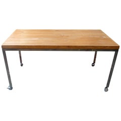 American 1970s Butcher's Block Kitchen Table on Polished Chrome Legs and Wheels