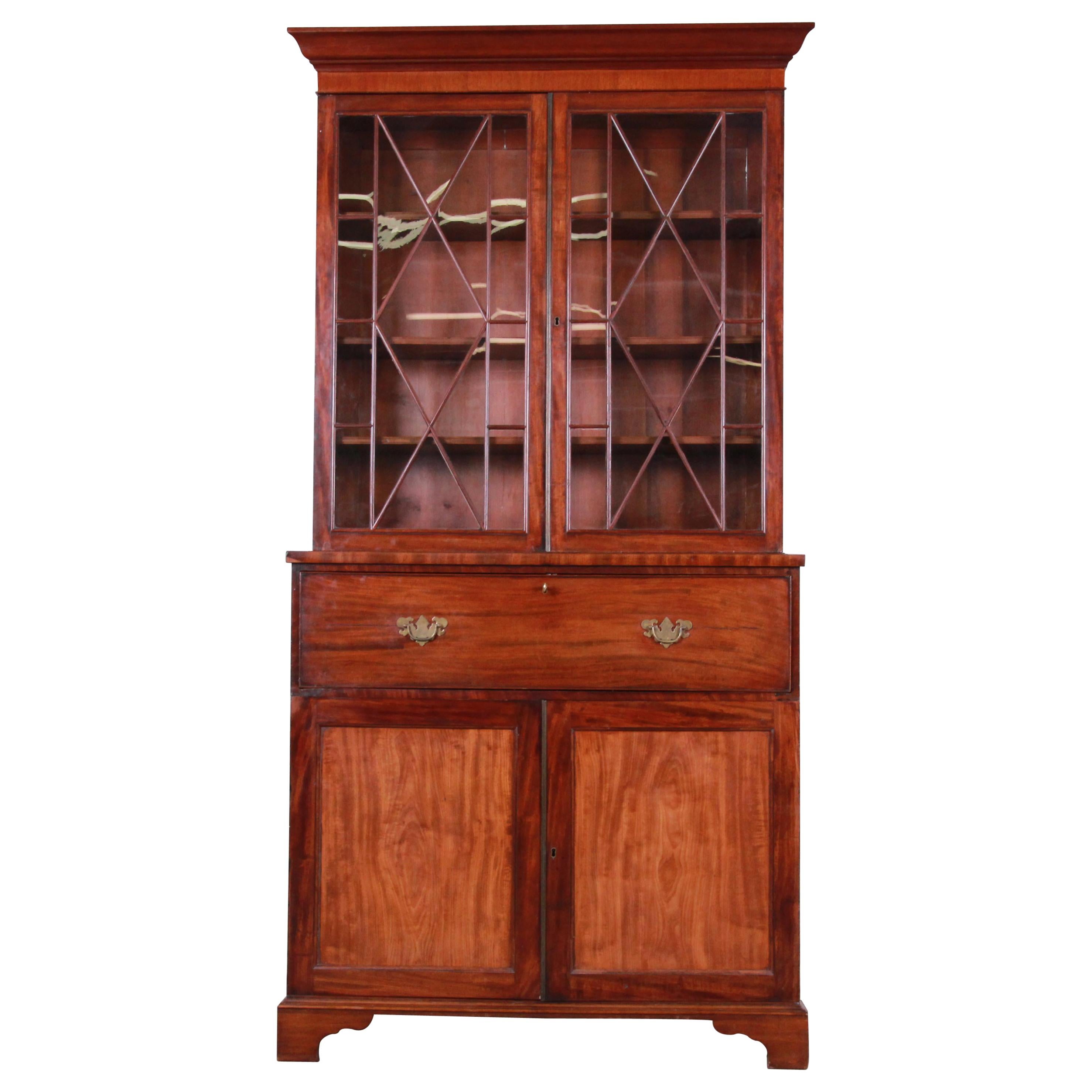 English George III Style Drop Front Secretary Desk with Bookcase, circa 1870