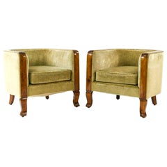 Pair of 1940s Mohair and Sycamore Burl Danish Art Deco Club Chairs