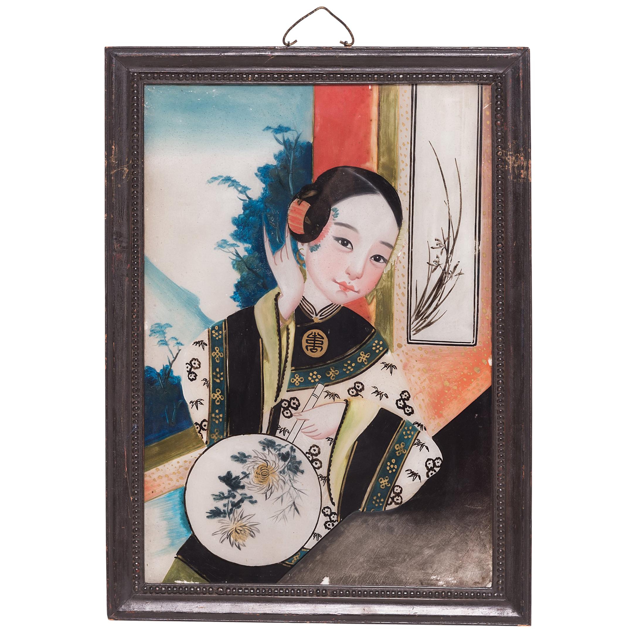 Portrait chinois en verre inversé avec éventail peint, vers 1900