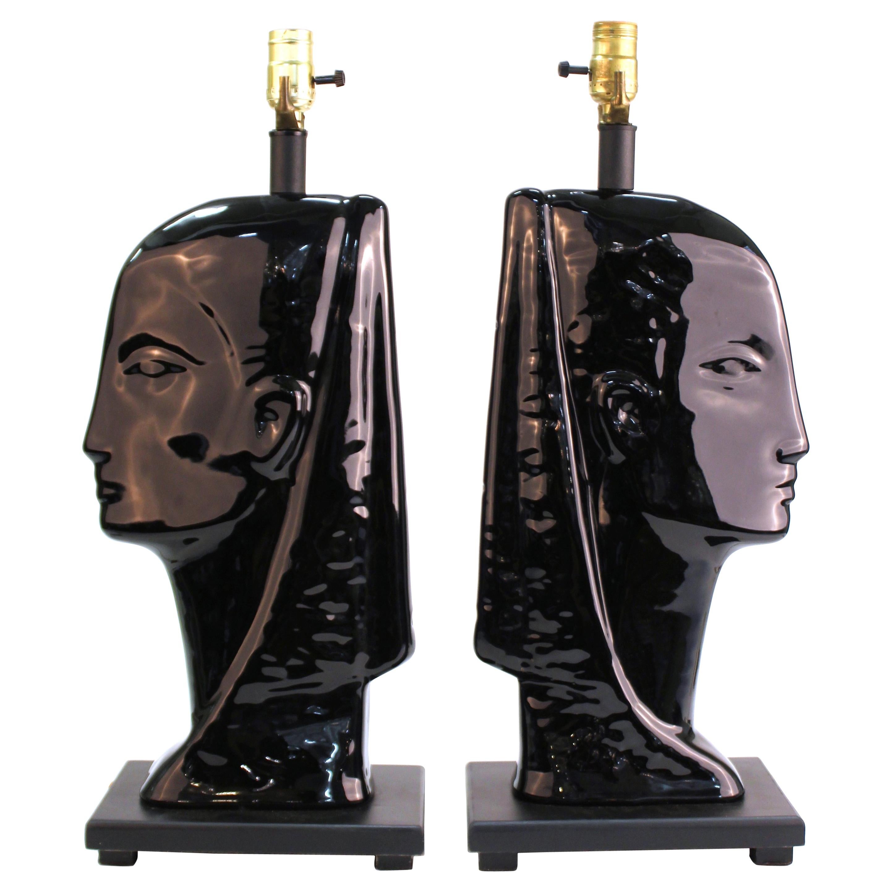 Mid-Century Modern Black Ceramic Head Table Lamps