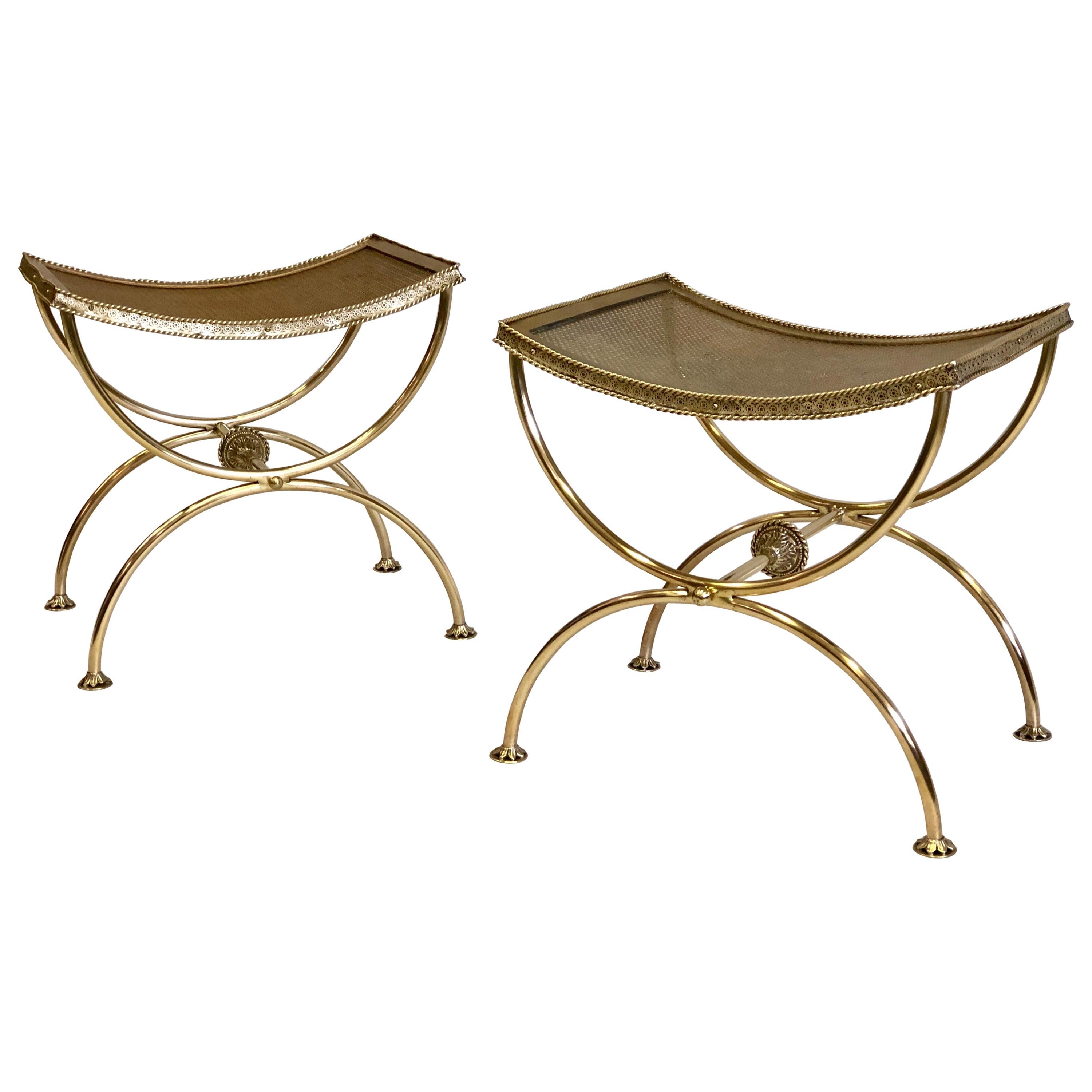 Pair of French Modern Neoclassical Gilt Bronze or Brass Benches by Maison Bagues