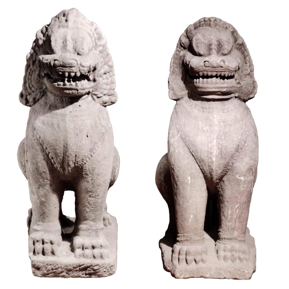 Khmer Pair of Sandstone Guardian Lion Sculptures, Bayon Style, Angkor Period For Sale