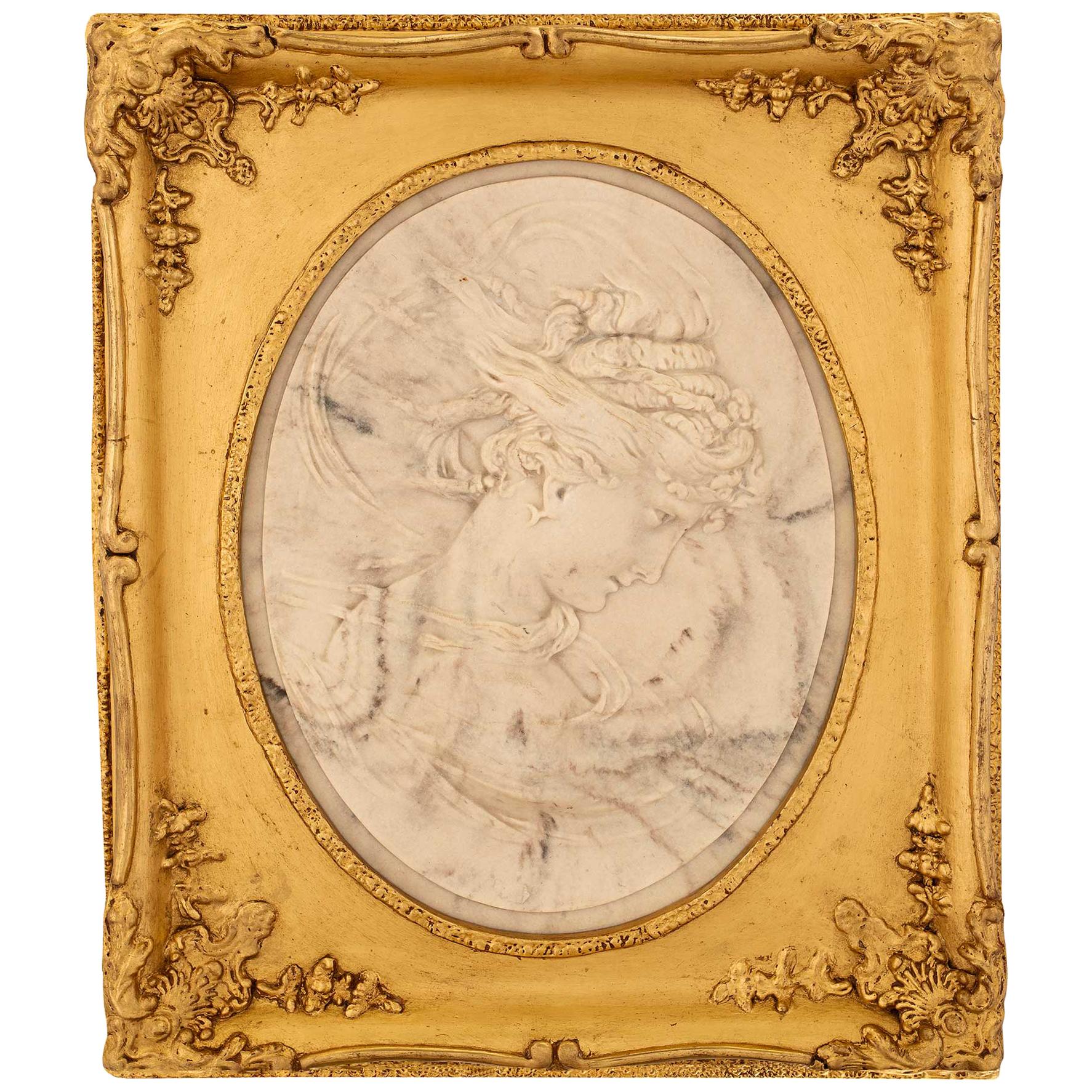 Italian 19th Century Carrara Marble Relief in a Giltwood Frame
