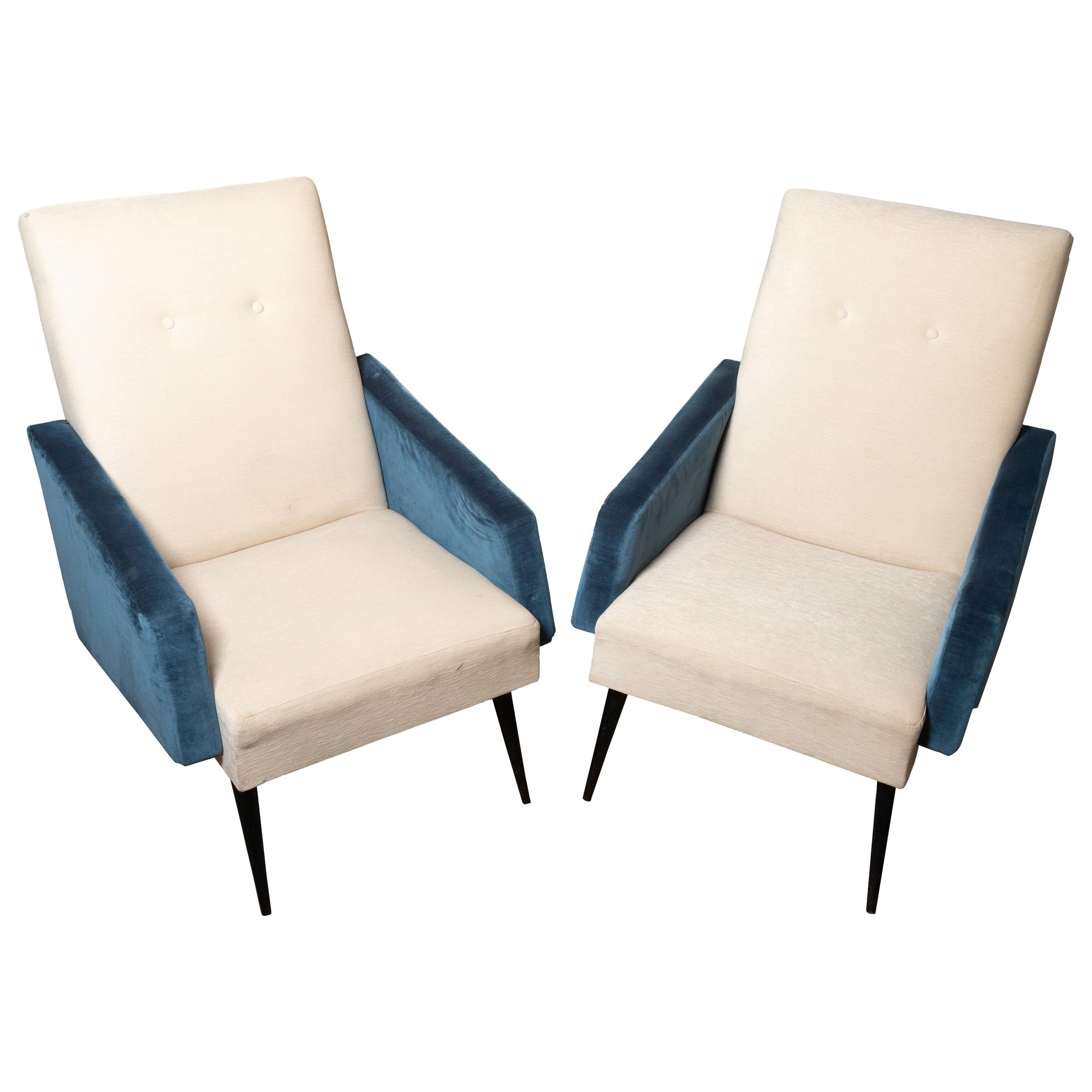 Pair of Blue and White Upholstered Armchairs