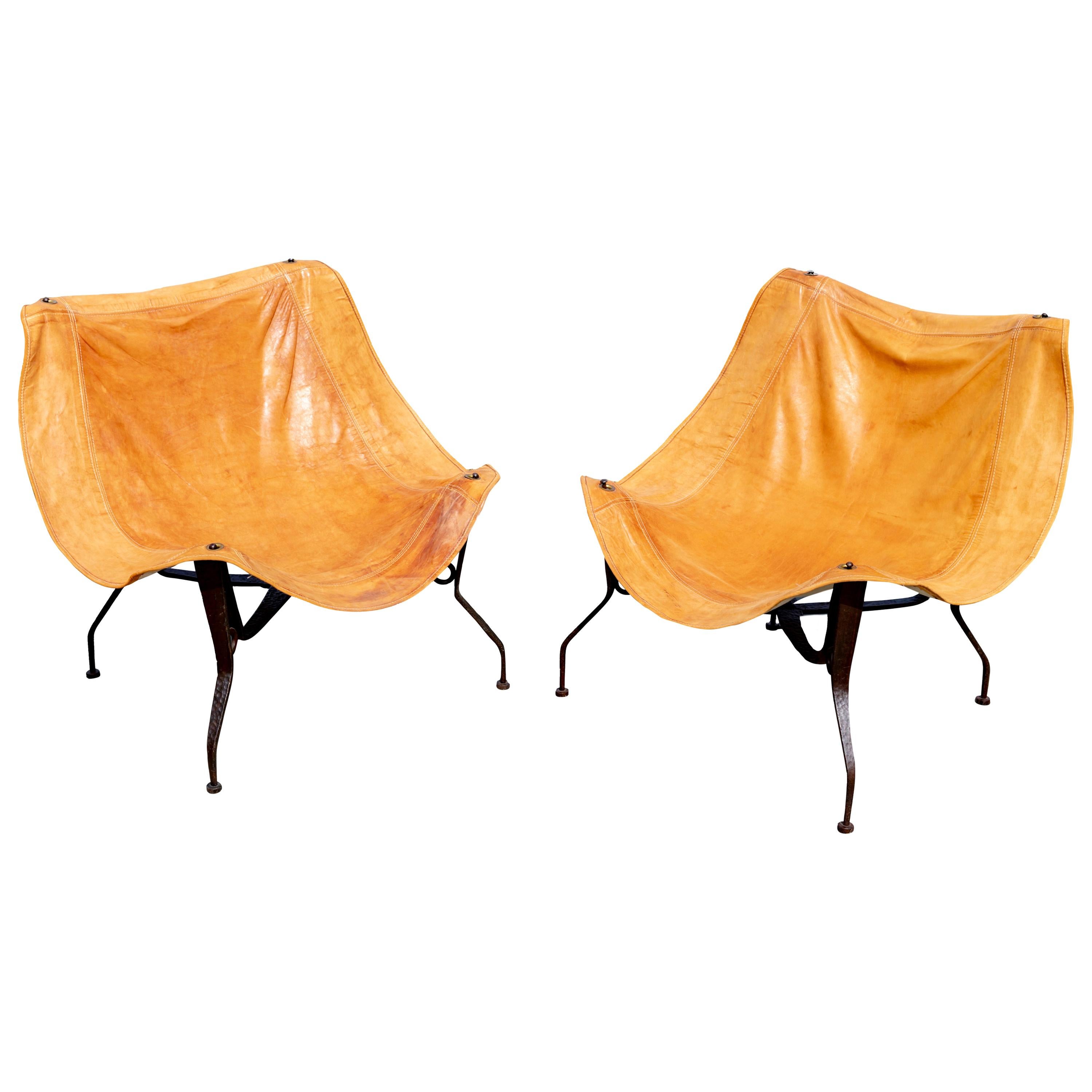 Pair of Hammered Frame Iron Chairs with Suspended Leather Seats