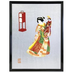 Large Japanese Gilded Silk Brocade Framed Oshie Decorative Art