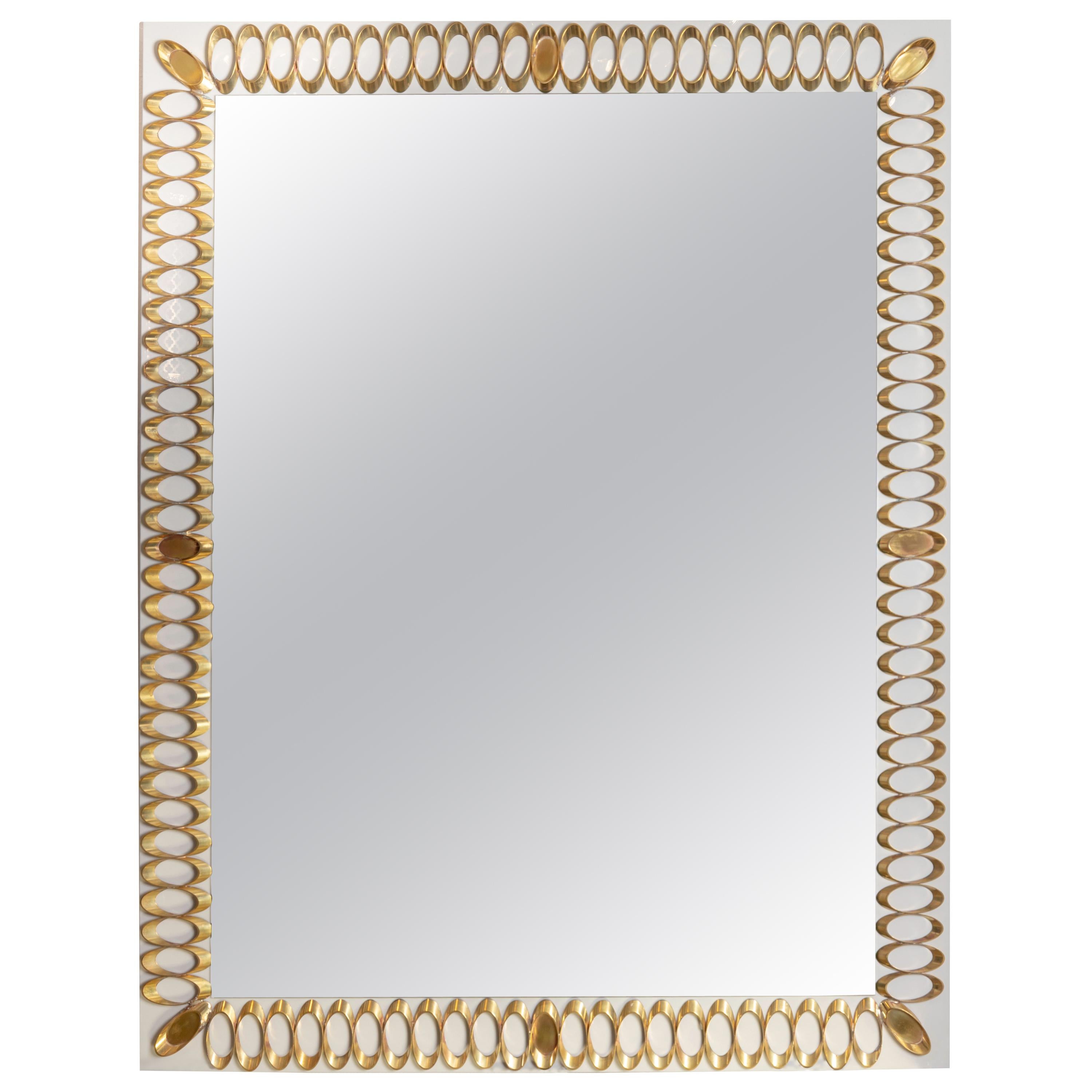 Rectangular Pearl and Grey Glass Mirror with Brass Oval Decorative Design