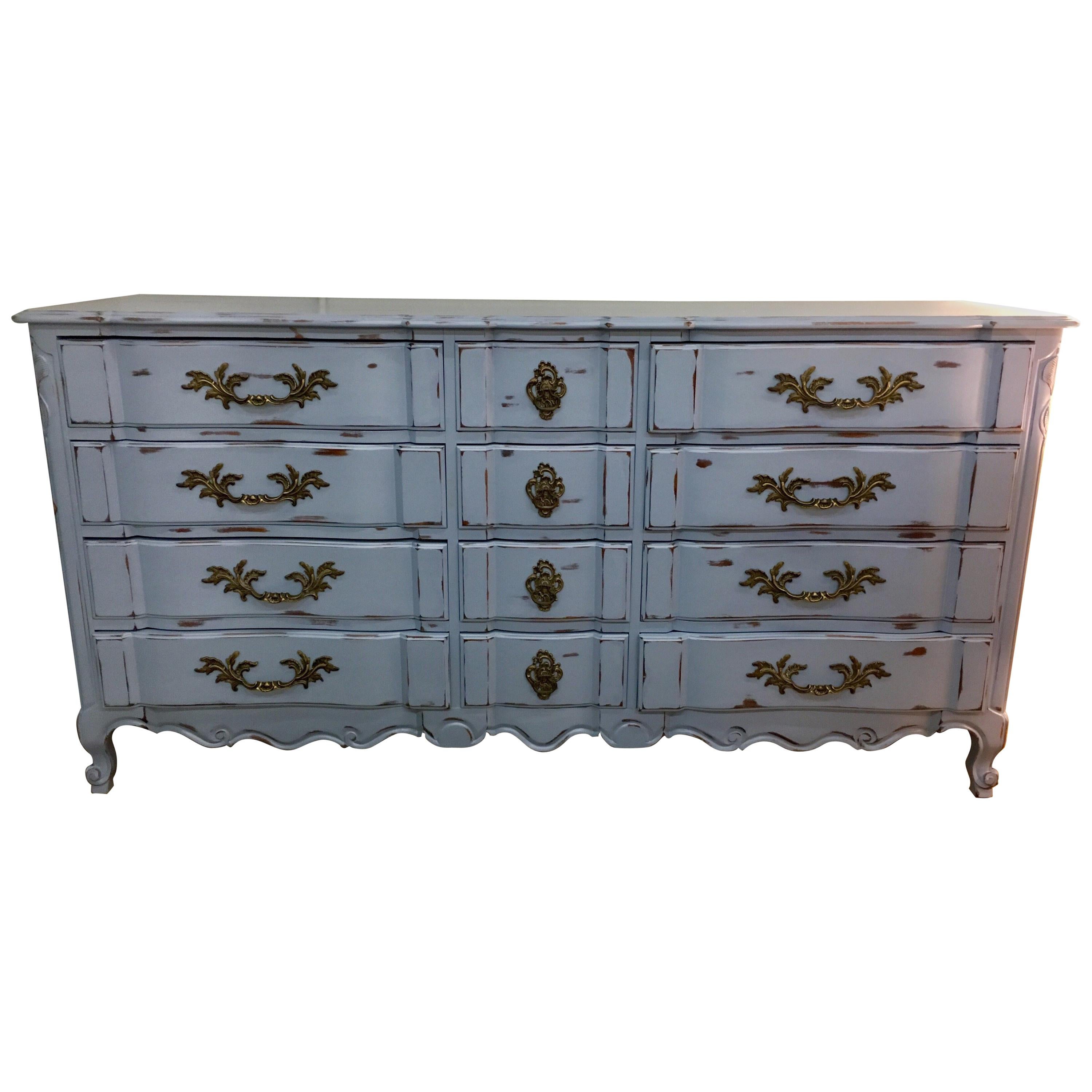 French Provincial Twelve-Drawer Chest of Drawers Dresser Fully Refurbished Blue